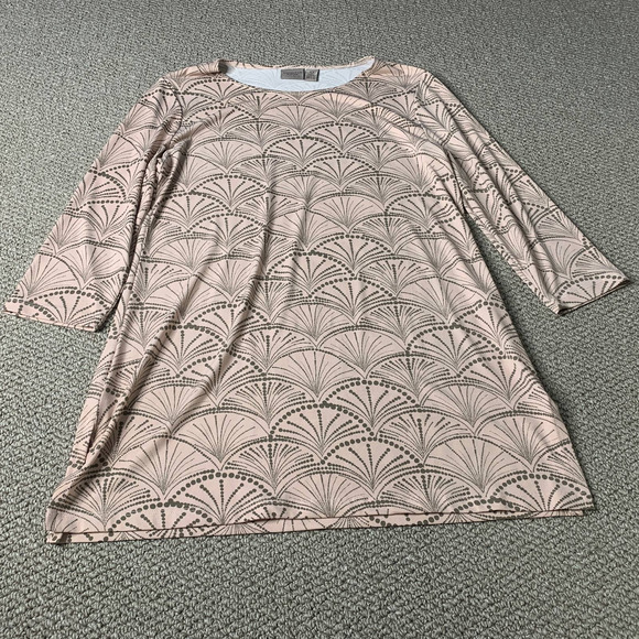 Chico's Easywear‎ Womens Top Size 0 US S Pink Brown Fan Print Tunic 3/4 Sleeves - Picture 1 of 12